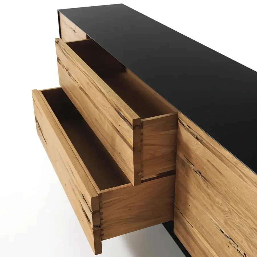 Elegant Riva 1920 Rialto Fly sideboard crafted with blockboard and solid wood in a satin finish with a glossy top