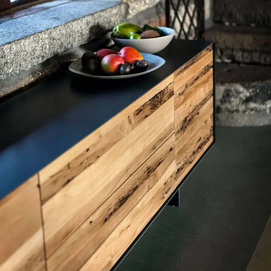 Superior Riva 1920 Rialto Fly sideboard crafted with solid wood and blockboard in a warm brown finish with a matte dark top