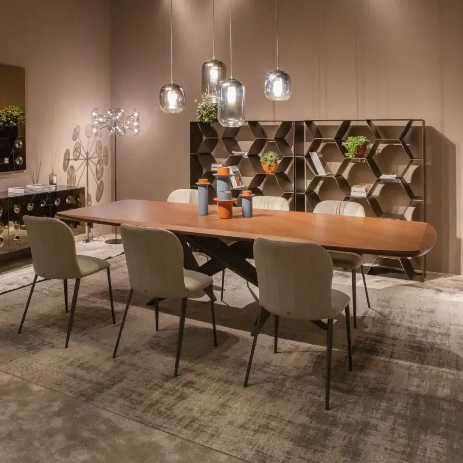 Exceptional Tonin Casa Thunder table with Silk Wood top and dramatically sculpted dark matte metal base with satin finish