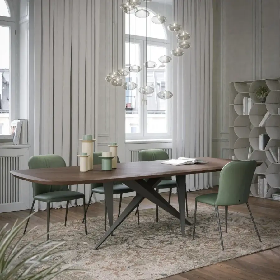 Elegant Tonin Casa Thunder table with Silk Wood top and geometric metal base in a satin finish
