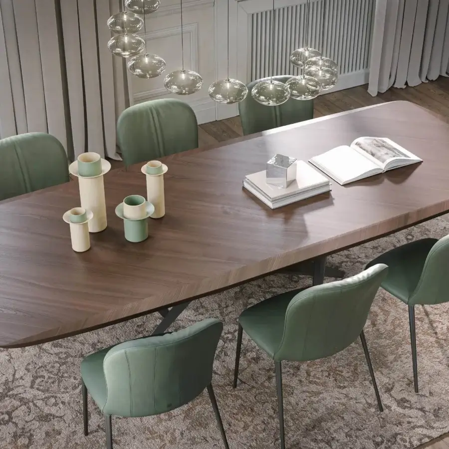 Distinguished Tonin Casa Thunder table crafted with Silk Wood and a black metal X base in a satin finish