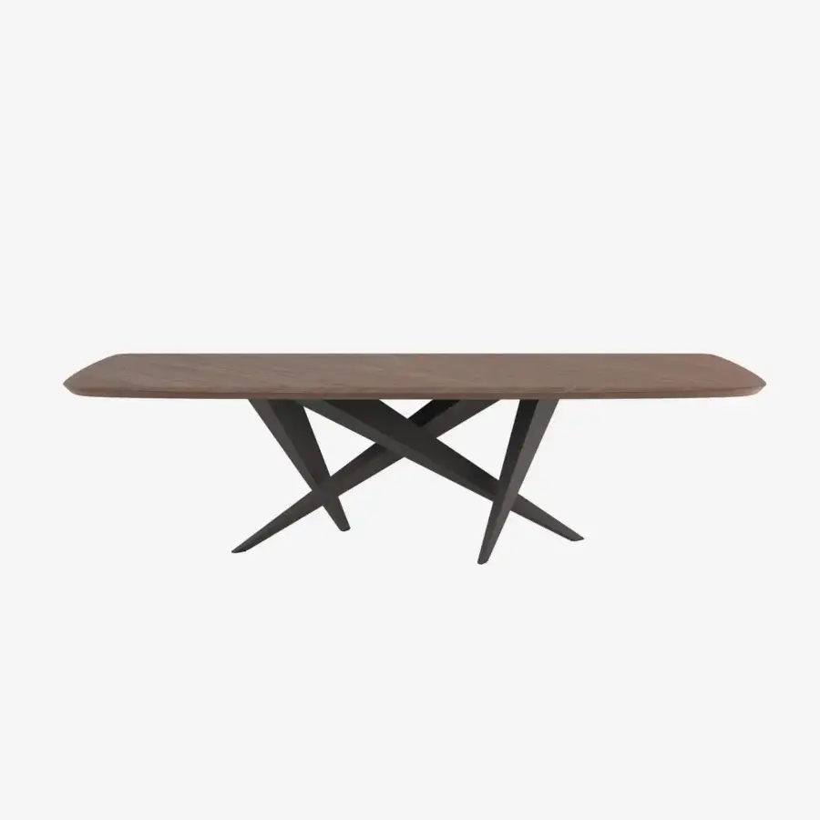 Exceptional Tonin Casa Thunder table built with Silk Wood and a satin medium-dark brown finish with diamond-profile bevels