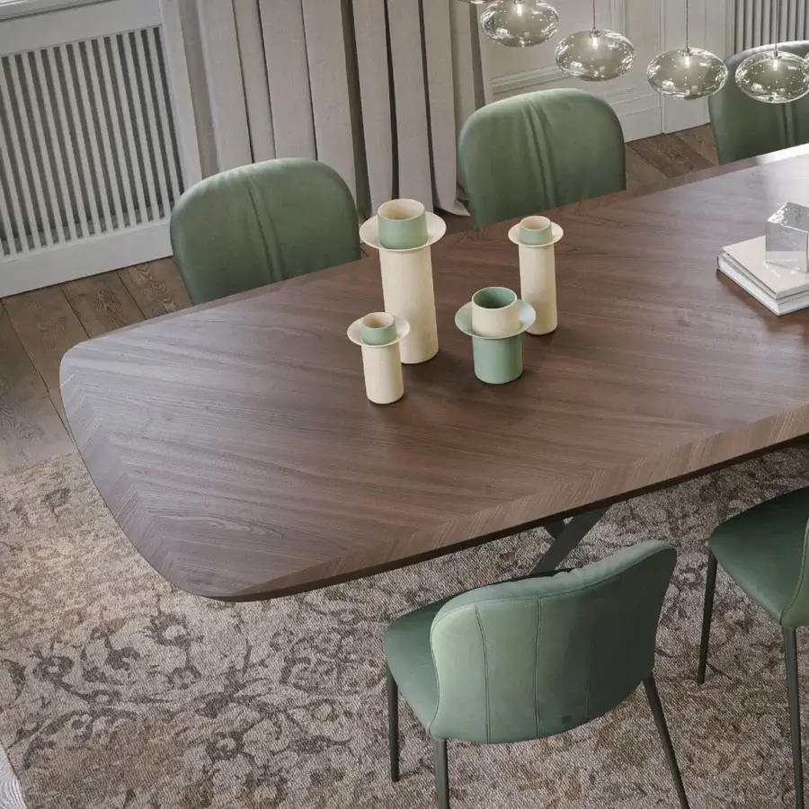 Elegant Tonin Casa Thunder table crafted with Silk Wood and a dark metal base in a satin finish