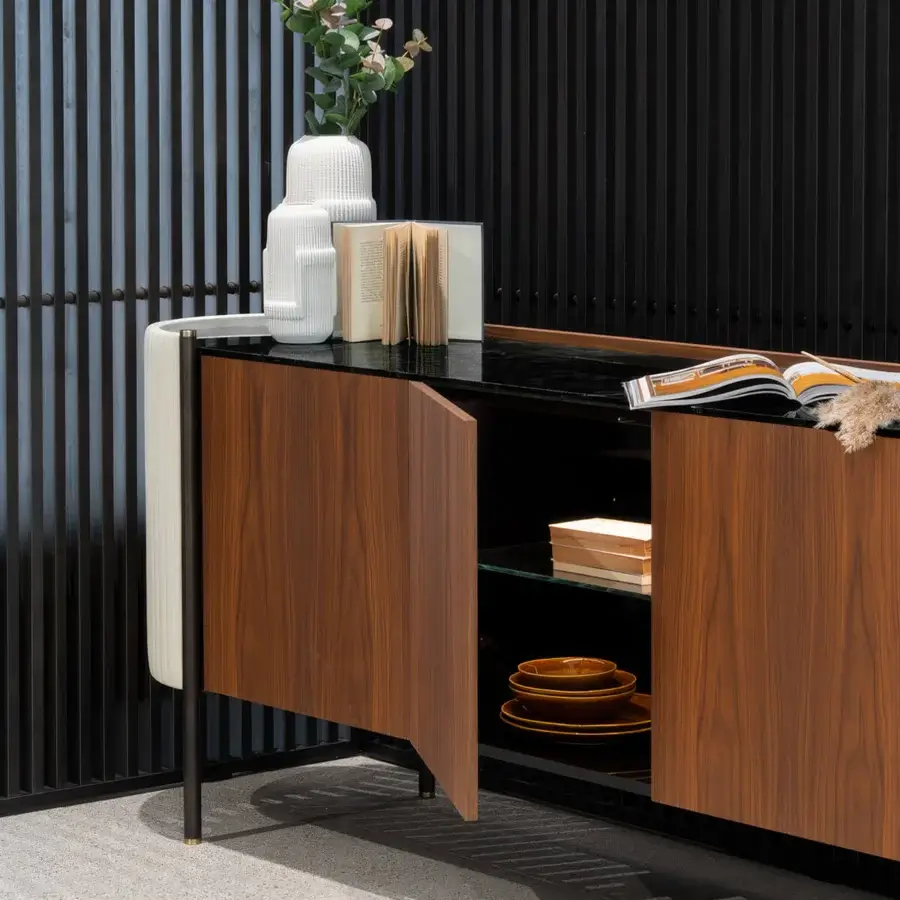 Exceptional Capital Karin sideboard crafted with wood, leather, and marble, boasting a satin finish with illuminated glossy black interior