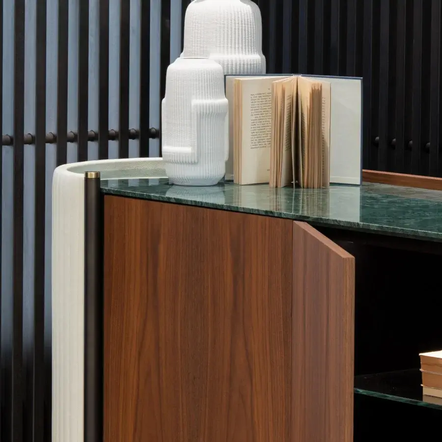 Lavish Capital Karin sideboard built with quilted leather, green-veined marble, and wood, displaying a satin sheen