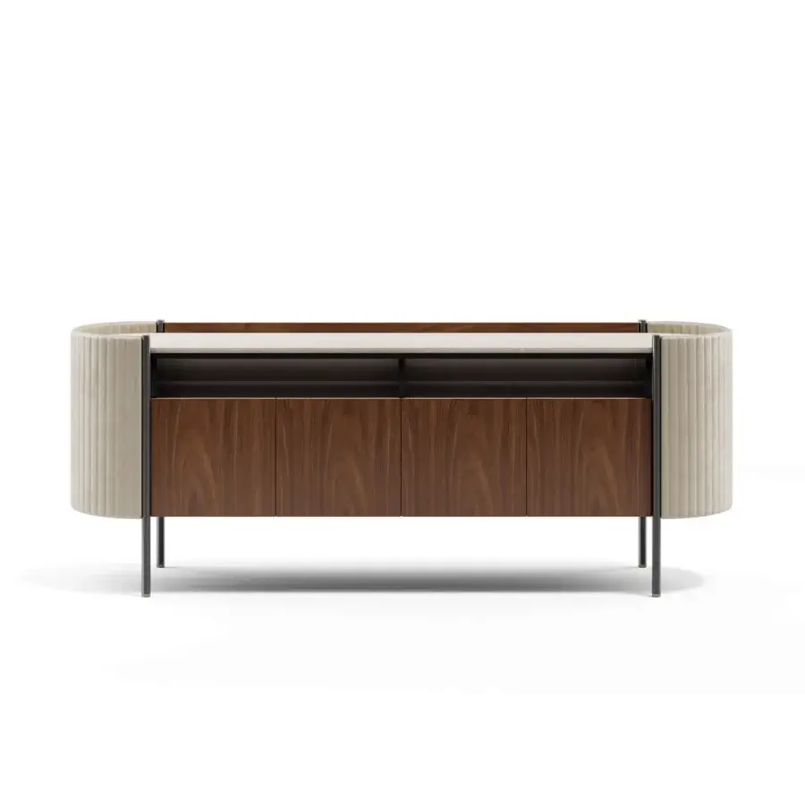 Distinguished Capital Karin sideboard with wood frame, textured textile upholstery, marble top, glossy black interior, and integrated LED lighting