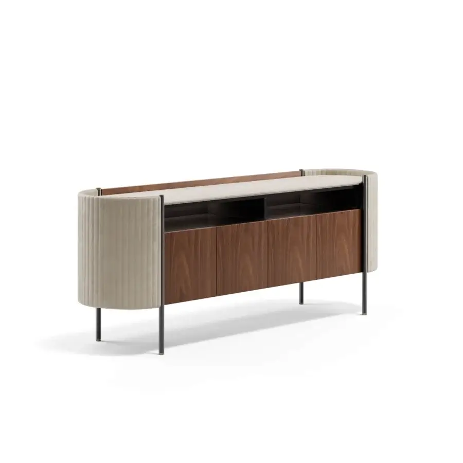 Lavish Capital Karin sideboard with wood structure, beige textile sides, opulent marble top, and satin sheen