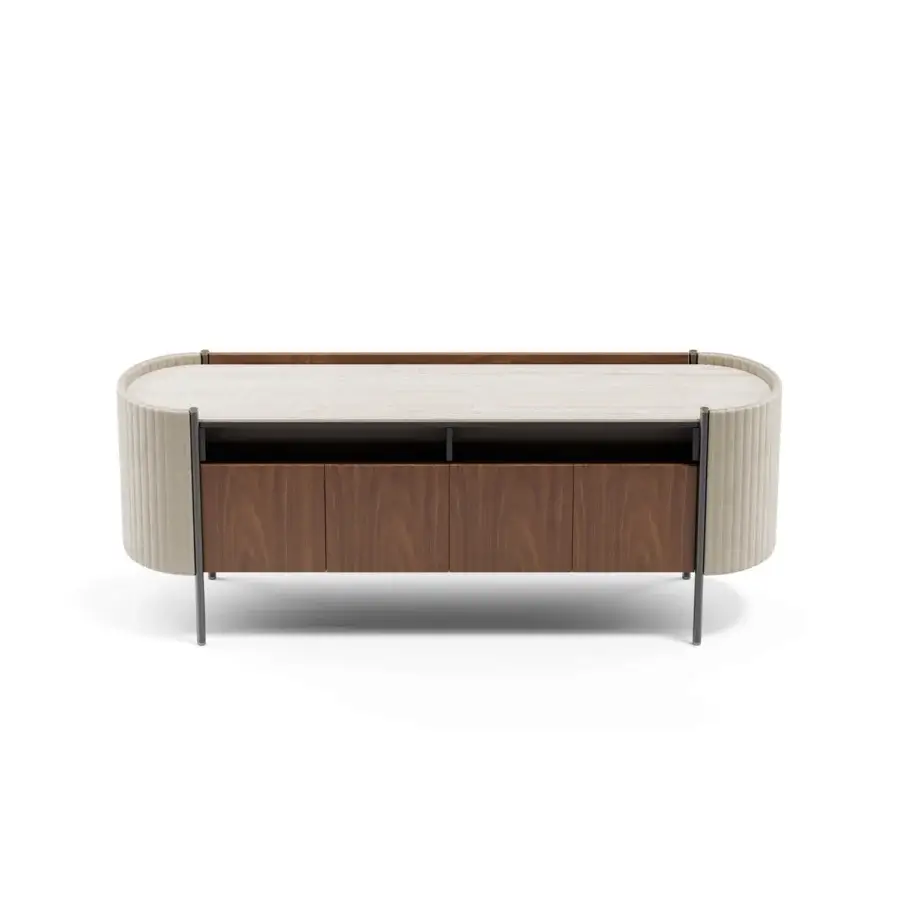 Exceptional Capital Karin sideboard with light wood cabinet, dark wood drawer fronts, and a marble top built with slender metal legs