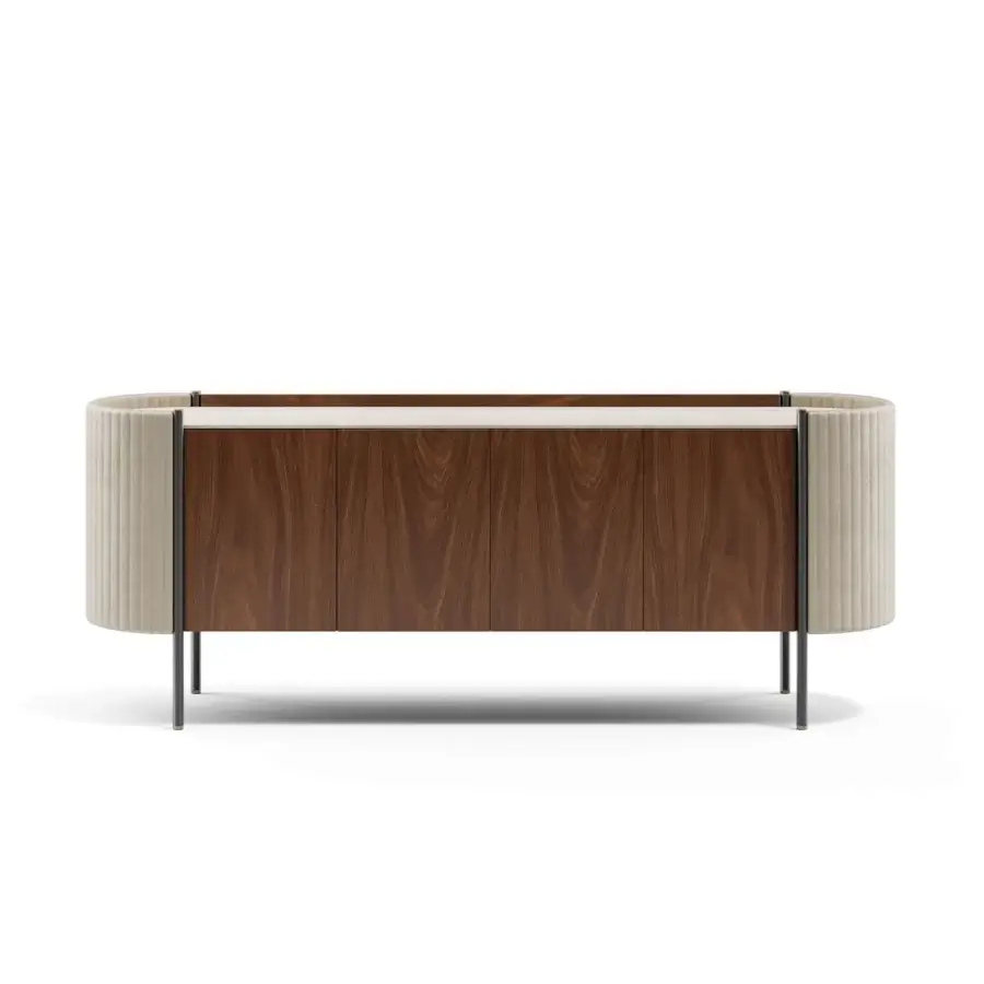 Superior Capital Karin sideboard with wood cabinet, beige textile sides, and smooth marble top with satin finish