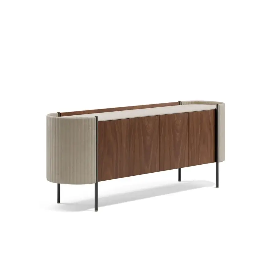 Distinguished Capital Karin sideboard with wood cabinet, woven beige textile sides, dark metal, and lustrous marble top with satin finish