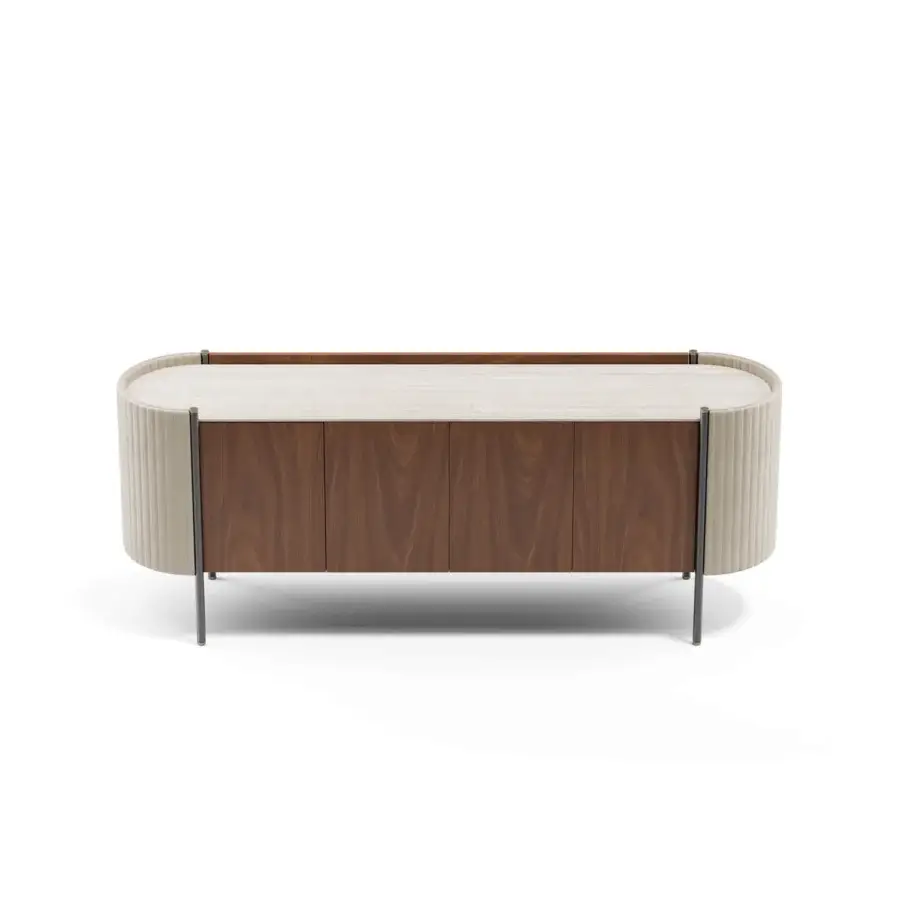 Exceptional Capital Karin sideboard with wood cabinet, light beige textured sides, and marble top