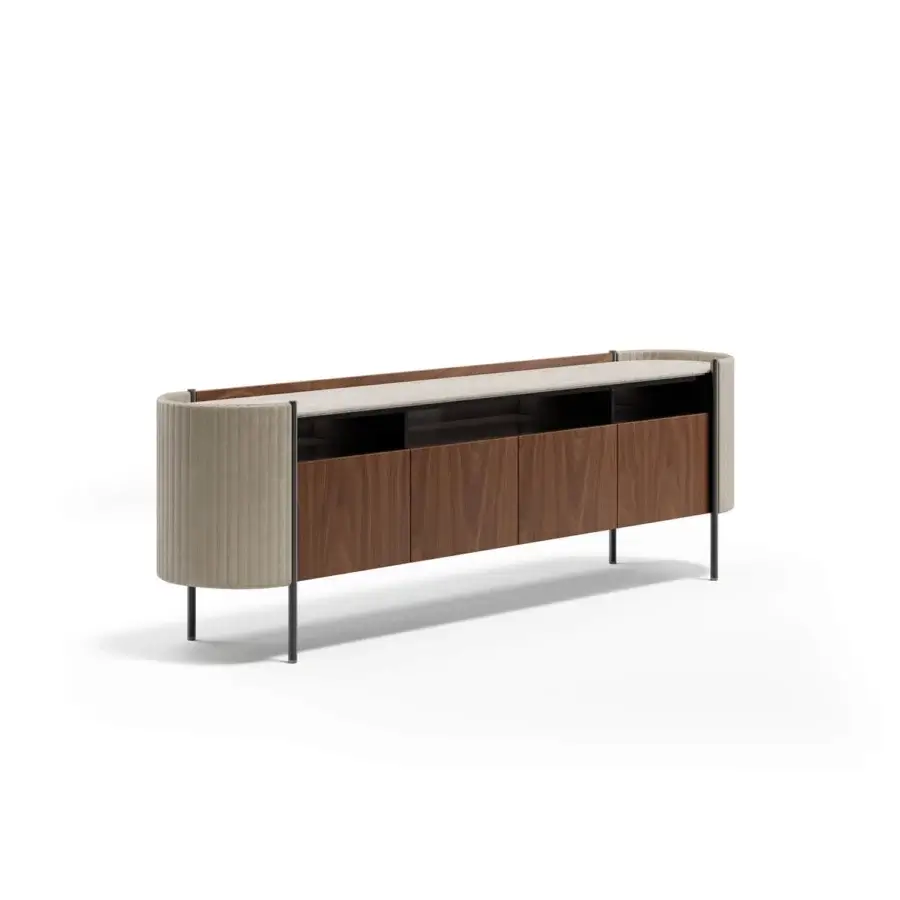 Superior Capital Karin sideboard with wood structure, quilted beige leather sides, and lustrous marble top