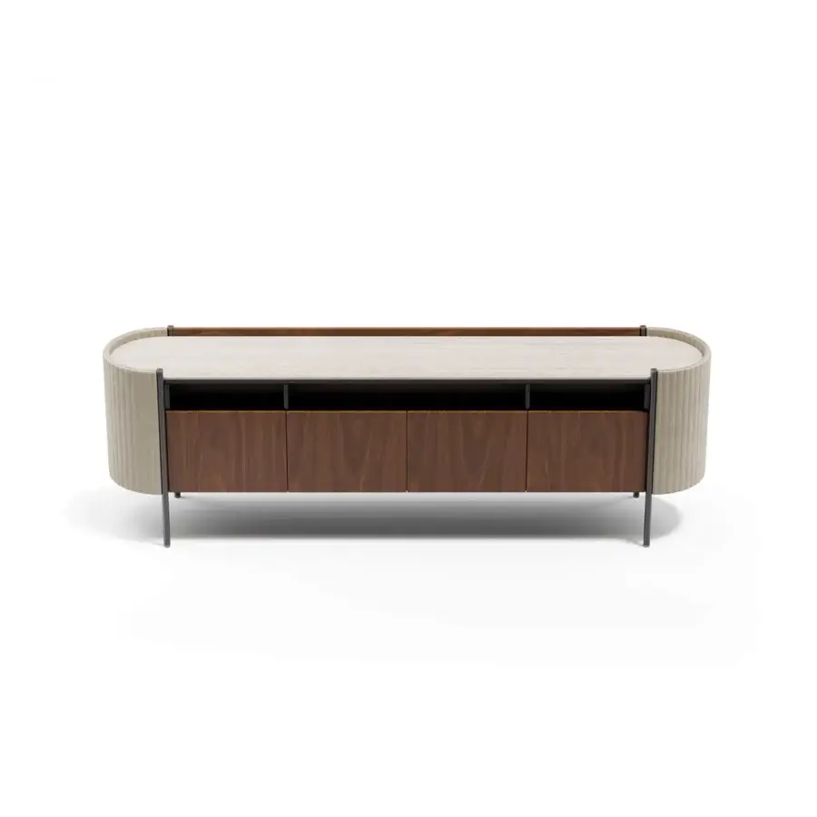 Exceptional Capital Karin sideboard with light and darker wood, reeded detailing, sleek marble top, and minimalist black metal base
