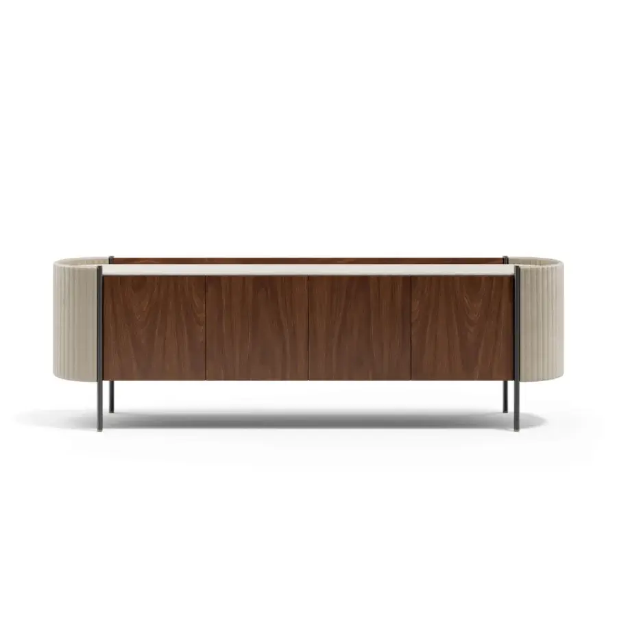 Distinguished Capital Karin sideboard with wood finish, quilted light beige leather sides, and striking white marble top