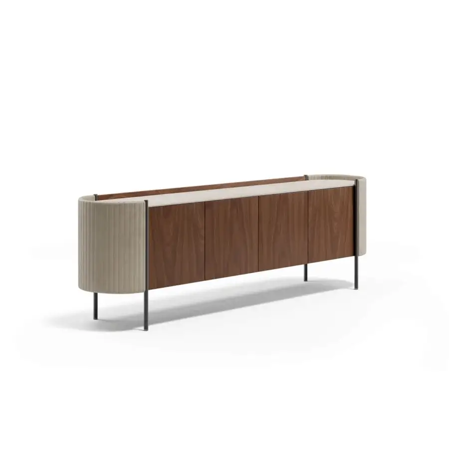Lavish Capital Karin sideboard with warm brown wood, neutral beige textile upholstery, dark metal legs and a marble top