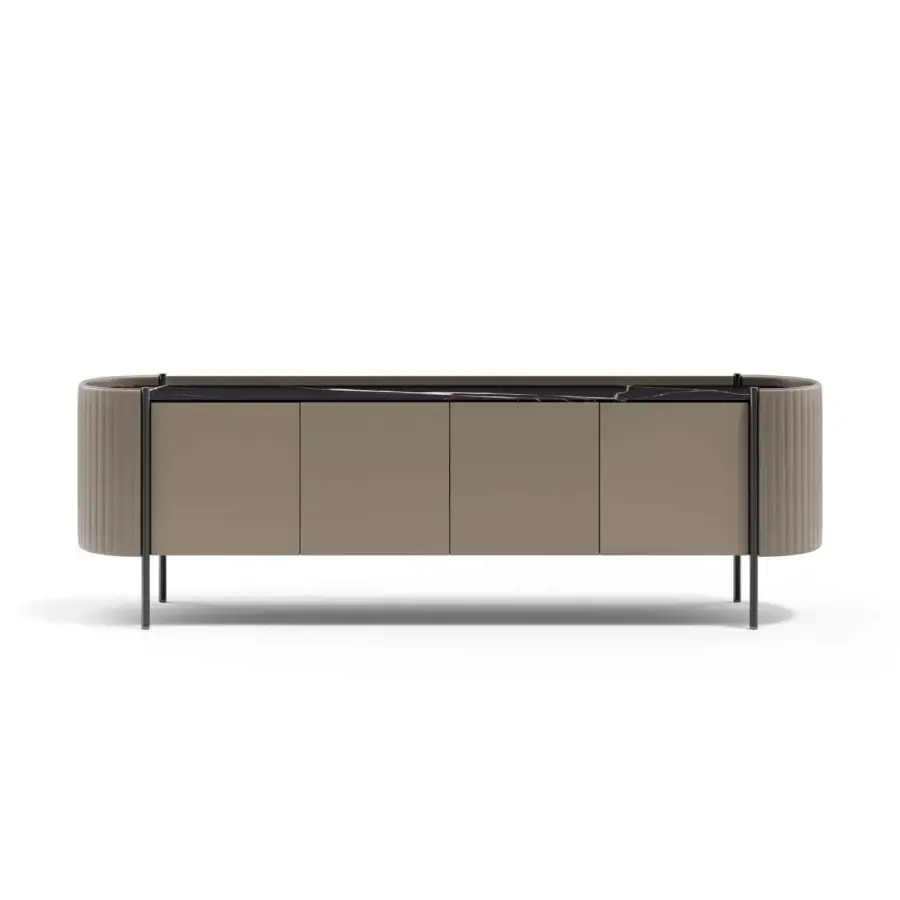 Exceptional Capital Karin sideboard with warm beige wood, dark marble top, glossy black interior and slender metal legs