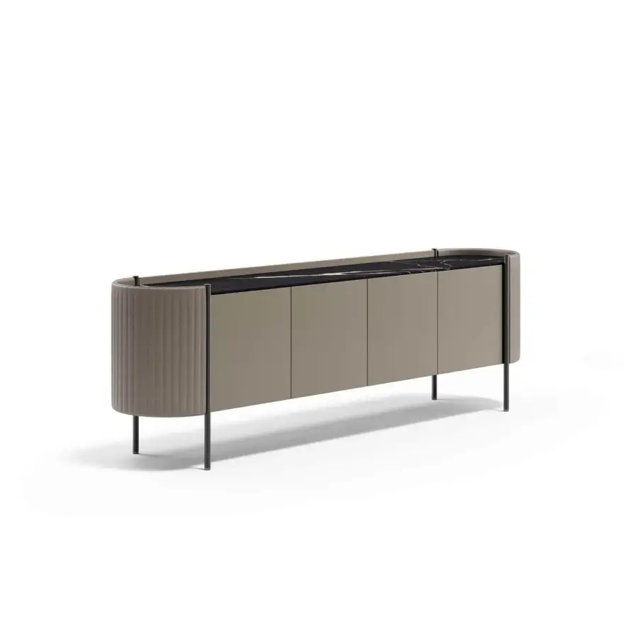 Luxury Capital Karin sideboard with neutral beige wood, a striking marble top, dark metal legs, and glossy black interior
