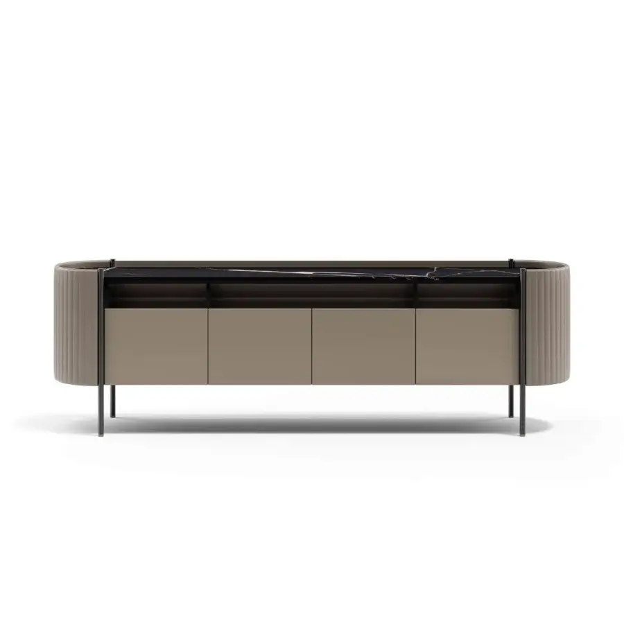 Distinguished Capital Karin sideboard with wood finish, a marble top displaying white veining, and slender metal legs
