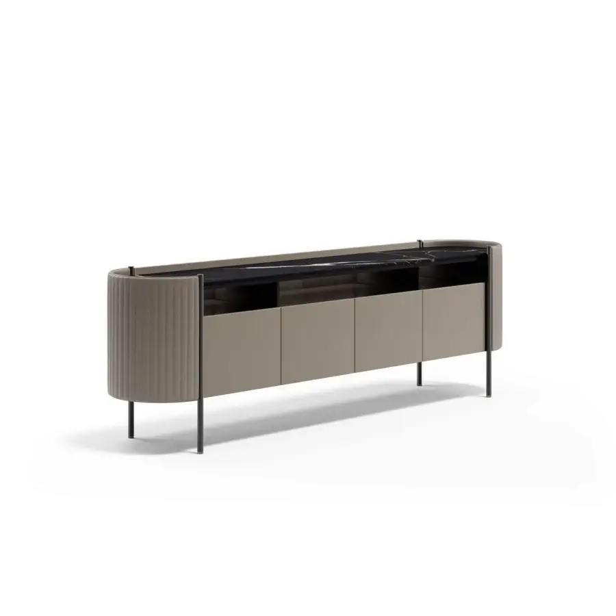 Exceptional Capital Karin sideboard crafted with wood, quilted leather sides, a dark marble top, glossy black interior and slender metal legs