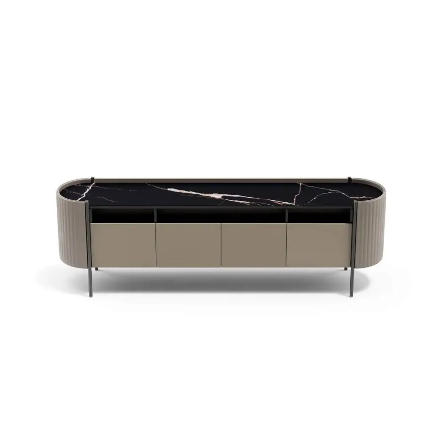 Distinguished Capital Karin sideboard with matte beige wood, dark glossy marble, metal legs, black interior, and integrated LED lighting