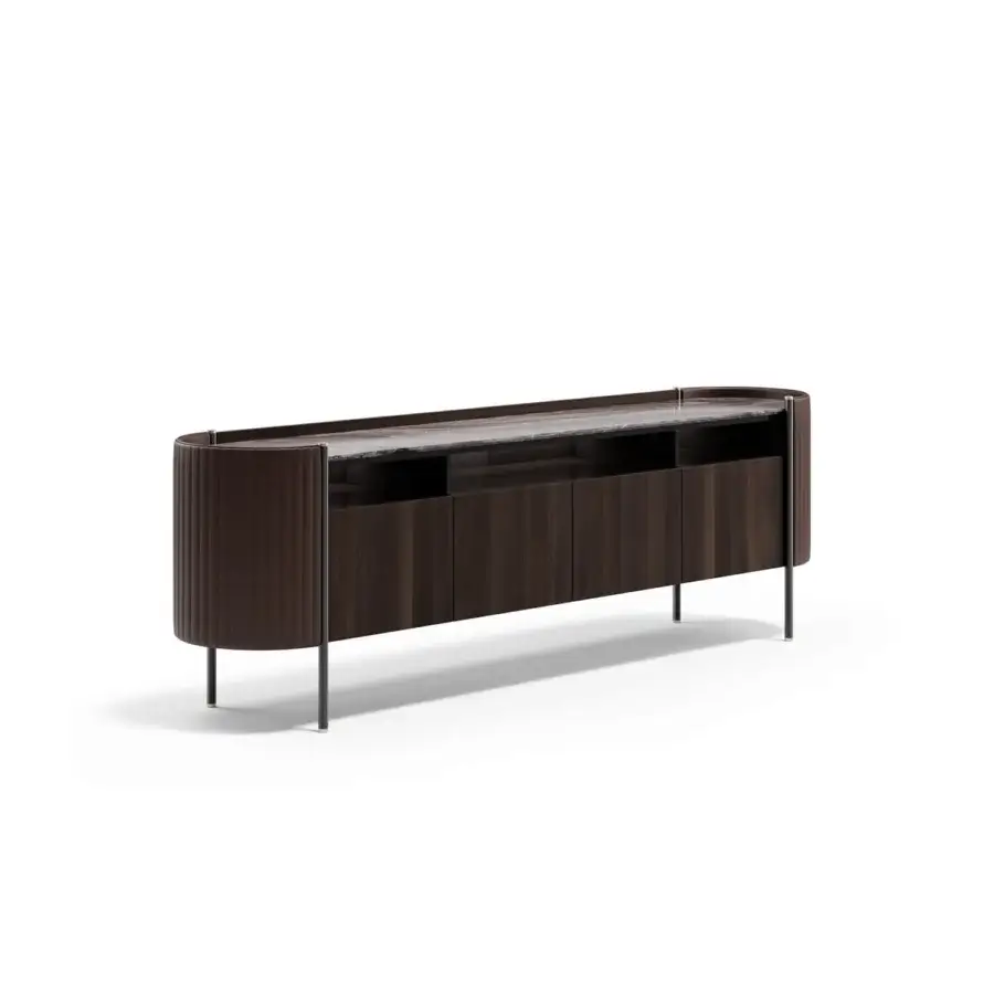 Elegant Capital Karin sideboard with dark-toned wood, quilted leather, and a satin finish illuminated by integrated lighting with marble