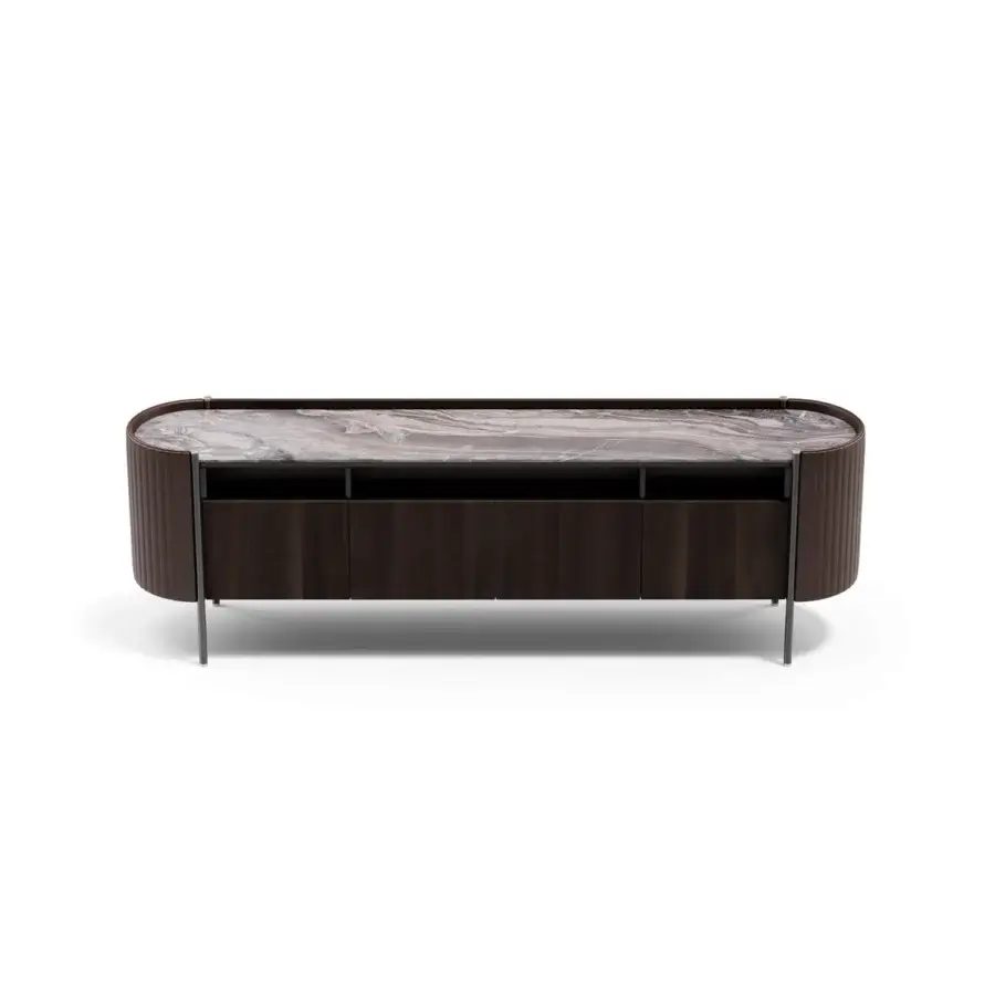 Distinguished Capital Karin sideboard with dark brown wood, a marble top, and a glossy black interior in satin finish
