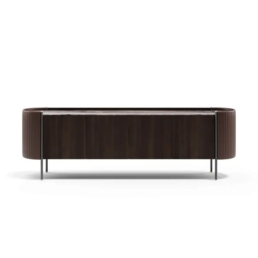 Exceptional Capital Karin sideboard with dark satin-finished wood, smooth leather, a glossy black interior, and a striking marble top