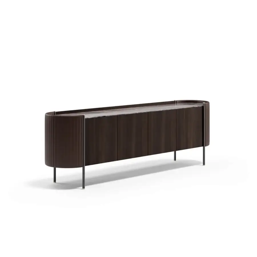 Lavish Capital Karin sideboard with dark stained wood, a marble top, curved leather upholstery, and glossy black interiors