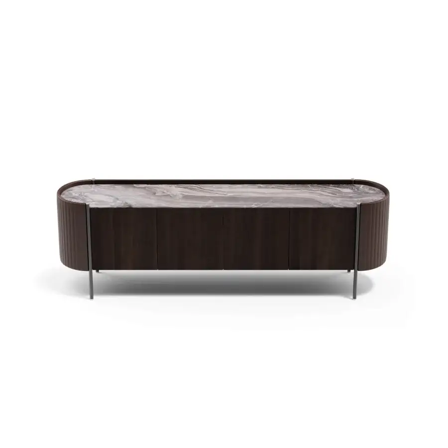 Superior Capital Karin sideboard with dark brown wood, polished grey and beige veined marble, satin finish and slender metal legs