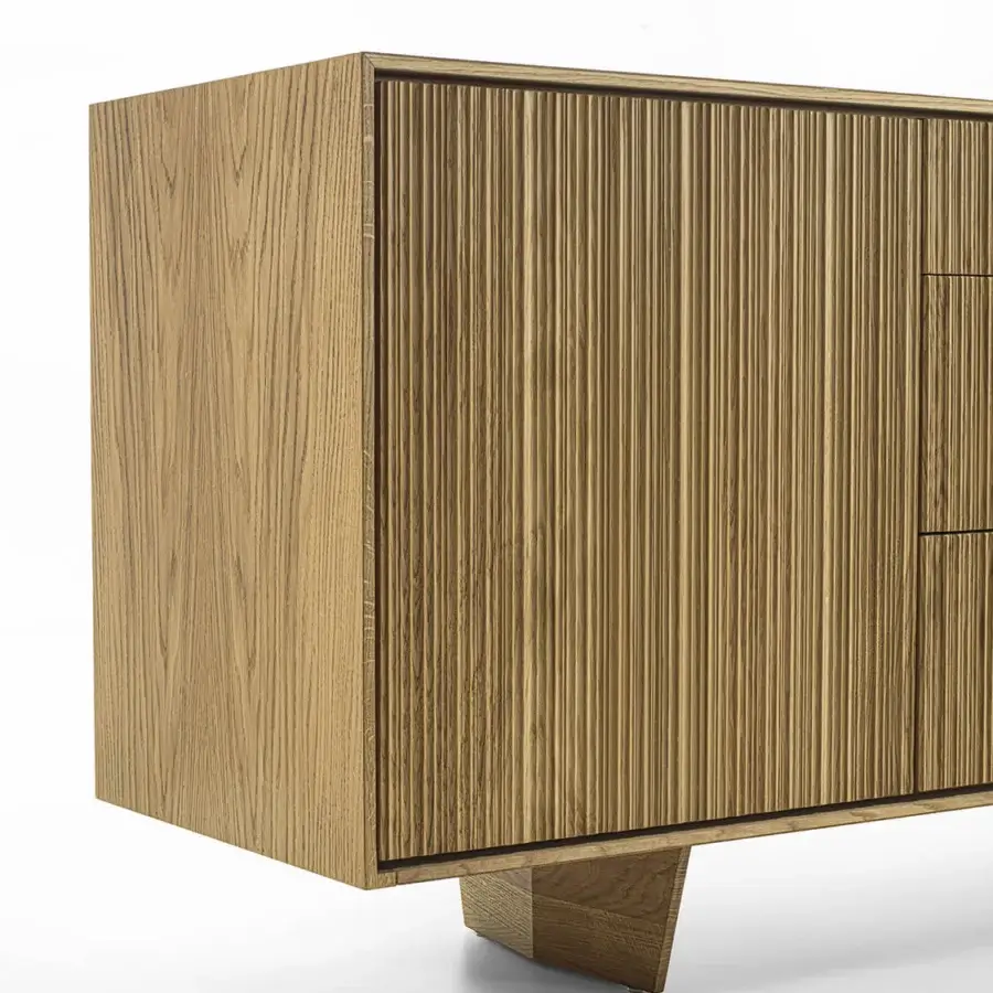 Superior Riva 1920 Vela sideboard crafted in medium brown solid wood and blockboard with distinctive vertical grooving on doors and drawers