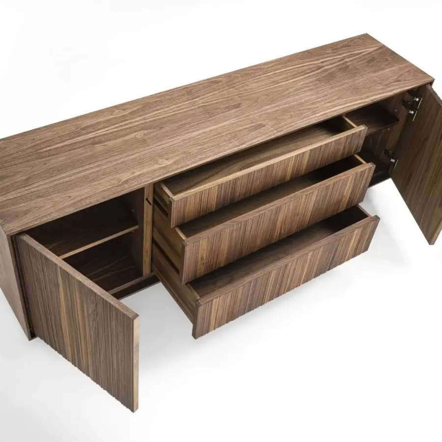 Elegant Riva 1920 Vela sideboard crafted in medium-toned brown solid wood and blockboard with satin finish featuring vertical milling