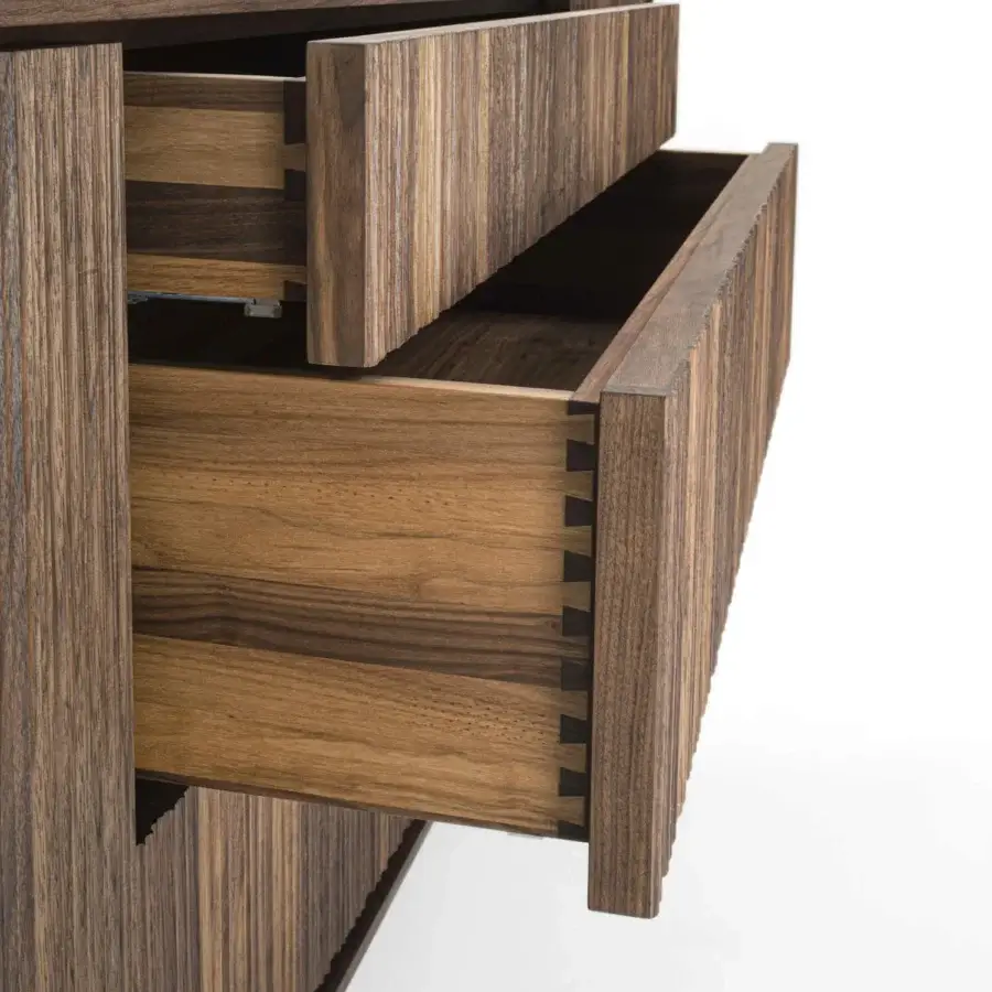 Superior Riva 1920 Vela sideboard crafted in medium brown solid wood and blockboard with a vertically milled surface and prominent wood grain