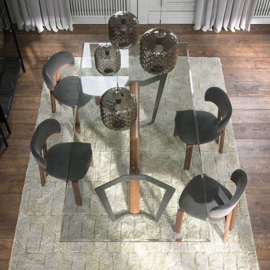 Elegant Tonin Casa Oliver table with transparent glass and a dark metal with solid wood base crafted in a medium tone