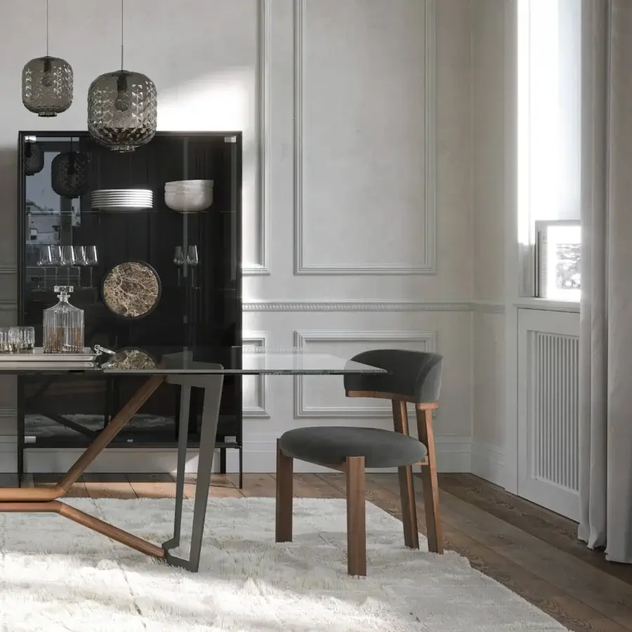 Architectural Tonin Casa Oliver table with transparent glass and a powder-coated metal plus solid wood base