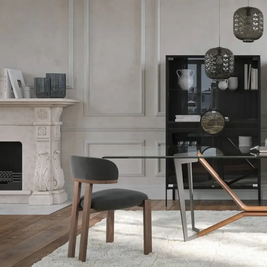 Distinguished Tonin Casa Oliver table with dark glossy glass and a warm powder-coated metal with solid wood base