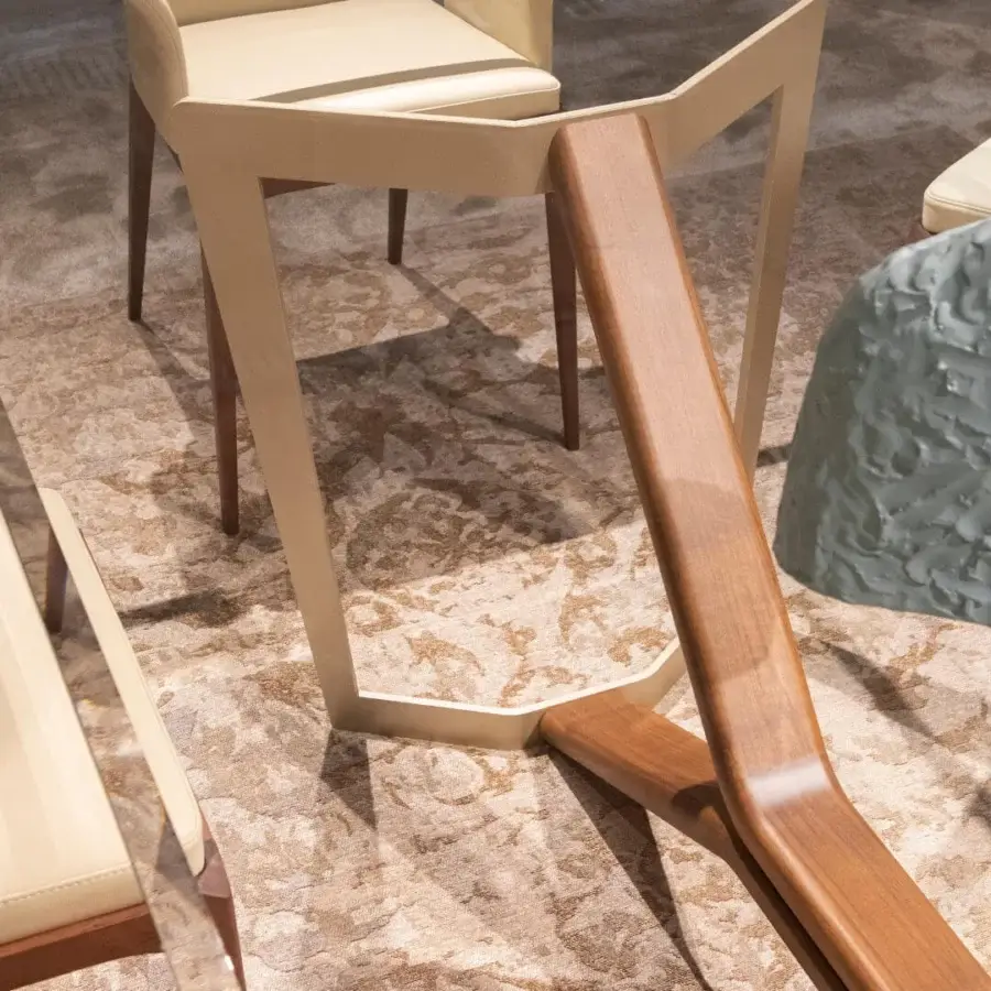 Exceptional Tonin Casa Oliver table with a barrel-shaped glass top and flowing powder-coated metal with solid wood base