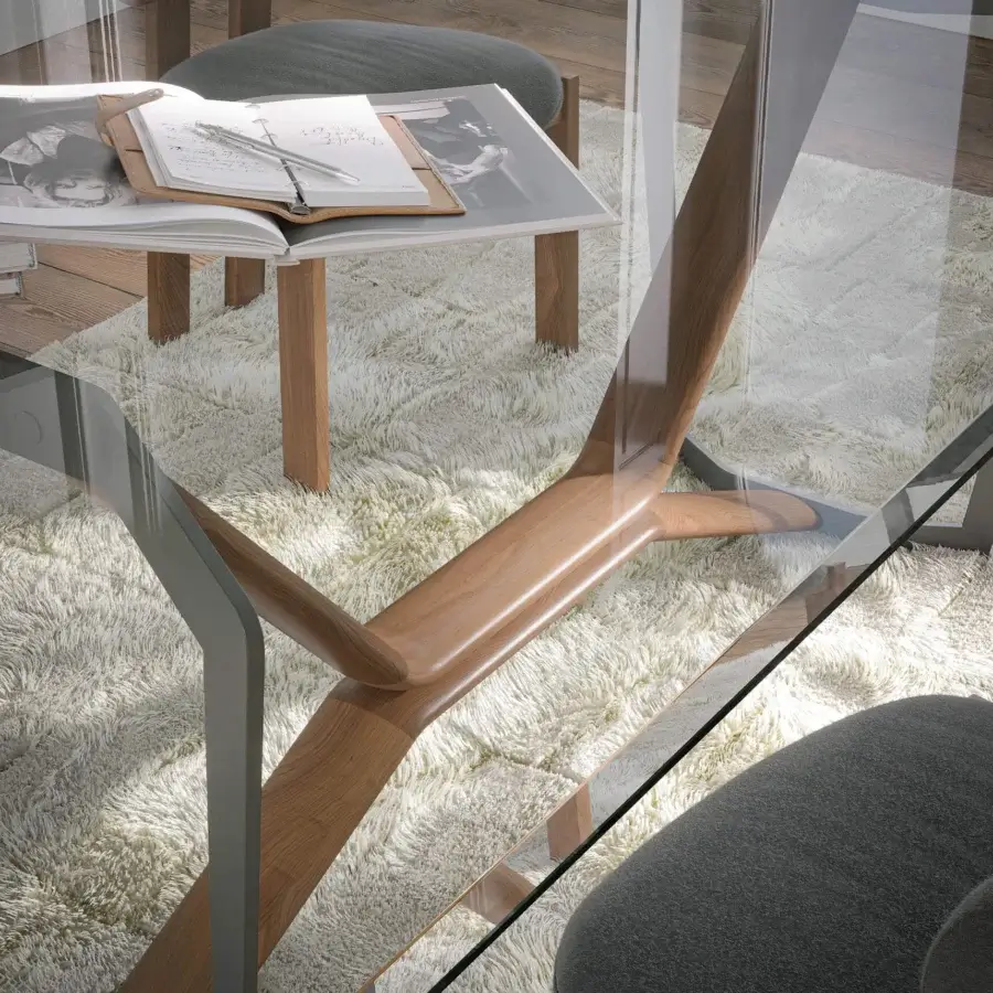 Distinguished Tonin Casa Oliver table with clear glass and a powder-coated metal base crafted in warm medium-brown wood