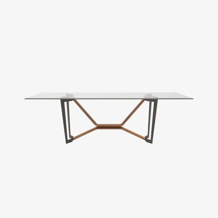 Sophisticated Tonin Casa Oliver table with a barrel-shaped glass top and warm powder-coated metal with solid wood foundation