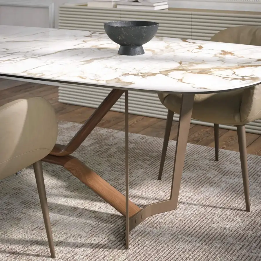 Exceptional Tonin Casa Oliver table with light ceramic and warm wood, built with a muted bronze metal base