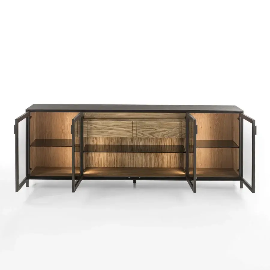 Architectural stunning sideboard crafted with a hand-finished solid wood frame and expansive glass doors in deep brown aluminum