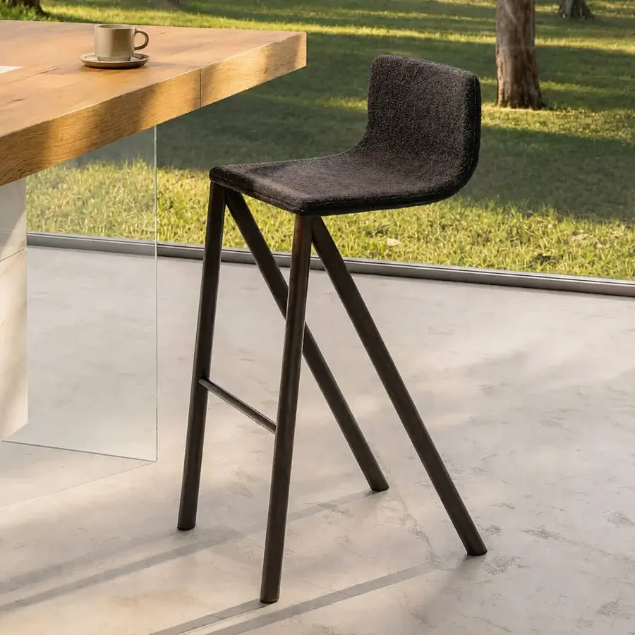 Distinguished Lago Mezz’aria stool with dark gray textured textile upholstery and matte metal frame construction