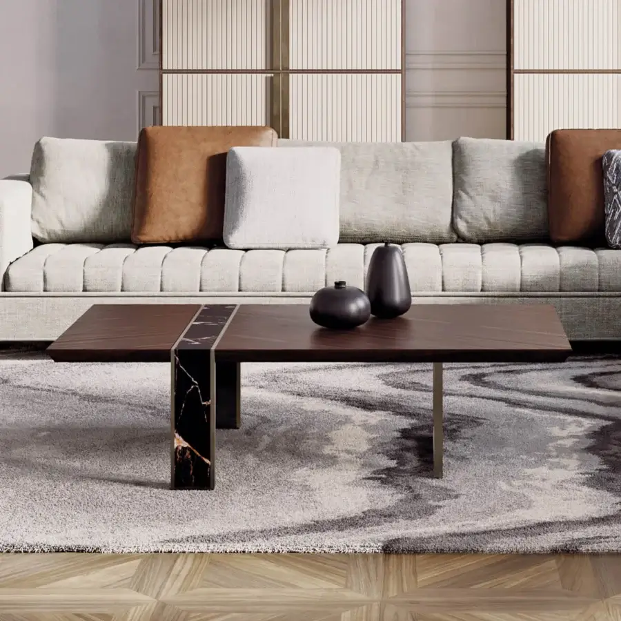 Superior Capital Lincoln coffee table with rectangular wood and polished black marble legs in satin finish