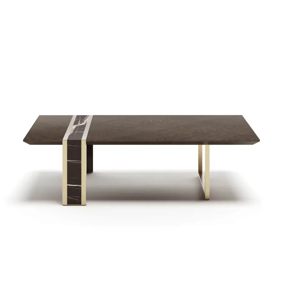 Exclusive Capital Lincoln coffee table with rectangular wood, polished gray marble insert and golden-toned metal legs crafted in Italy