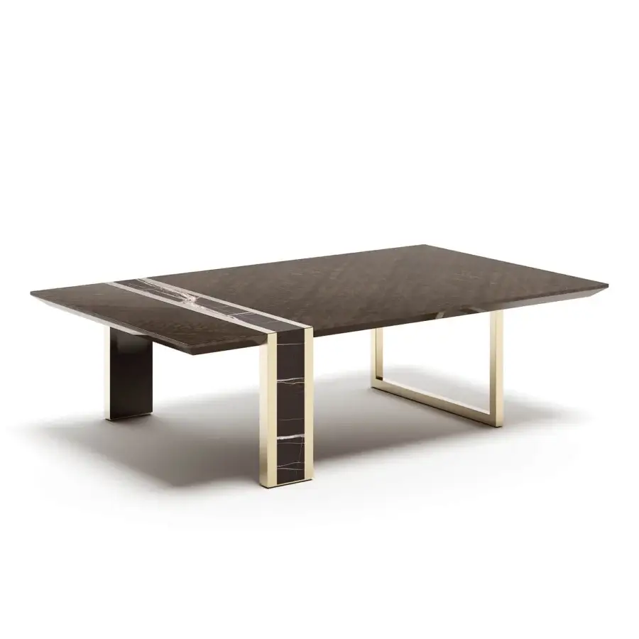 Captivating Capital Lincoln coffee table with dark brown wood, marble insert displaying delicate pink veining, and gold-toned metallic supports