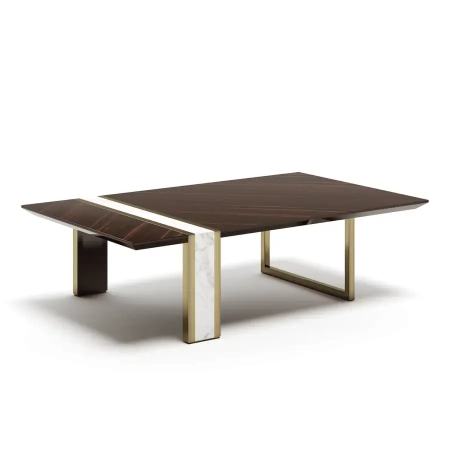 Distinguished Capital Lincoln coffee table with a satin wooden top and polished white marble insert framed in gold-toned metal