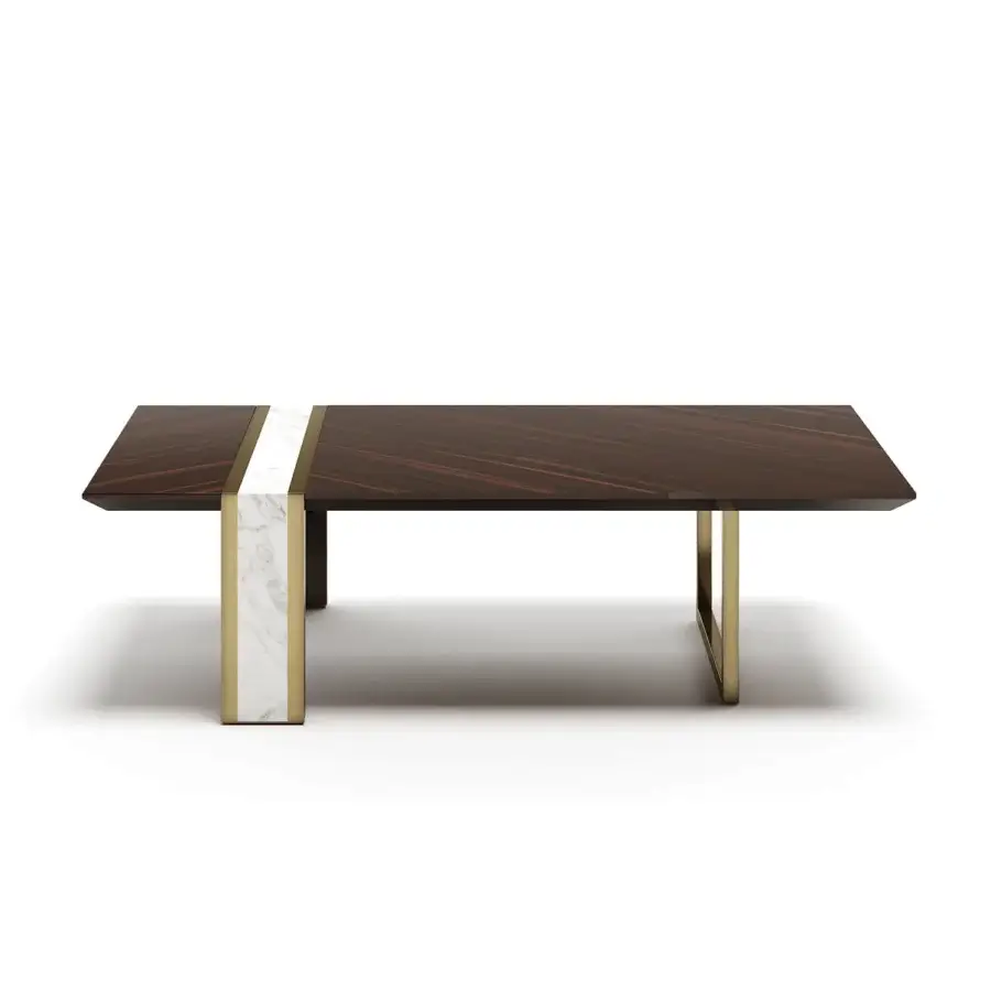 Exclusive Capital Lincoln coffee table with a satin dark brown wooden top and white marble insert built with a golden metal base