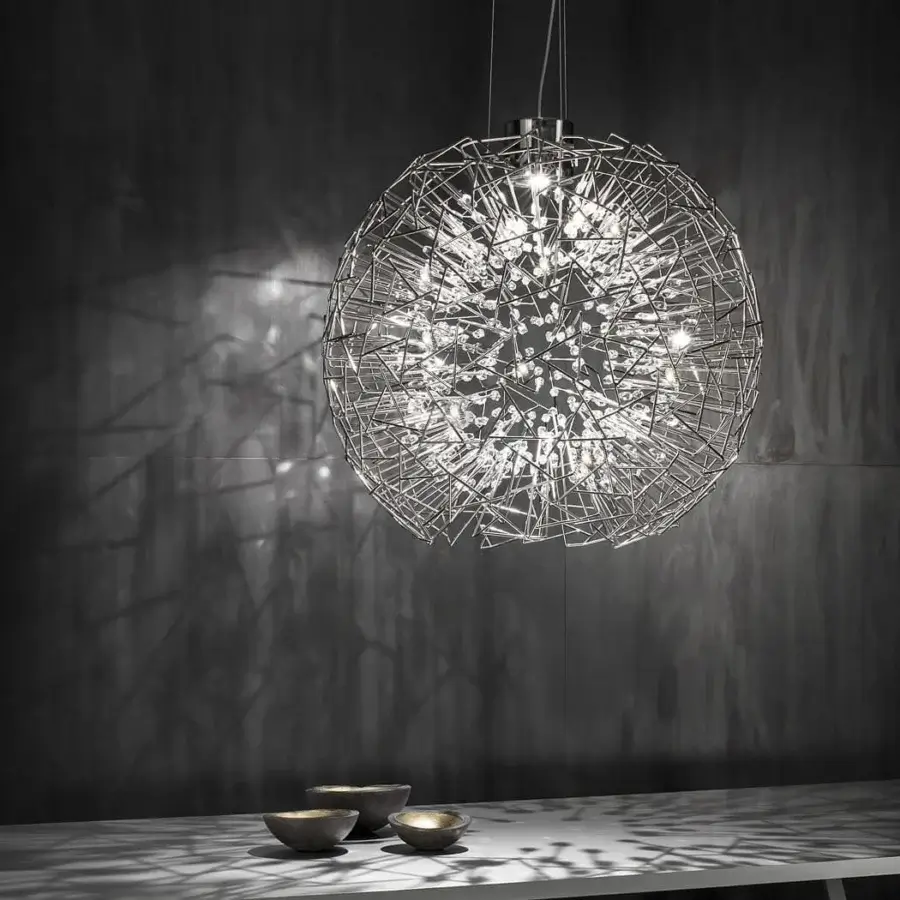 Exceptional Terzani Core suspension lamp with vibrant crystal elements and polished brass framework