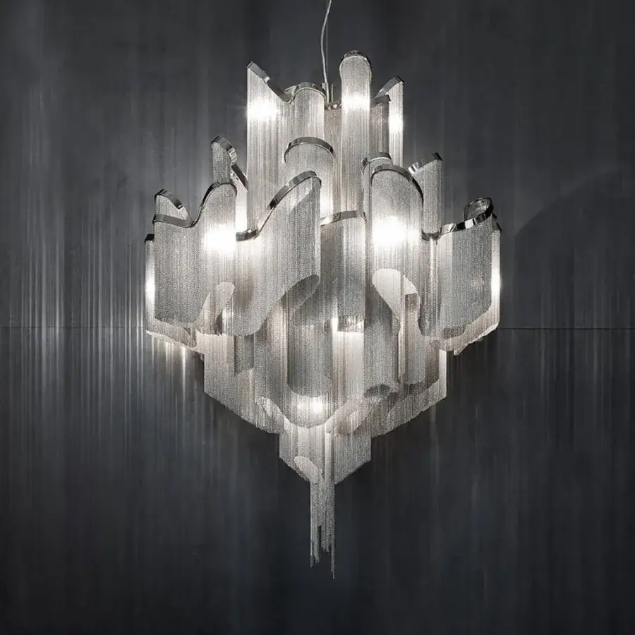 Exceptional Terzani Stream suspension lamp crafted in cascading metal chains with an undulating silver-toned structure and glossy finish