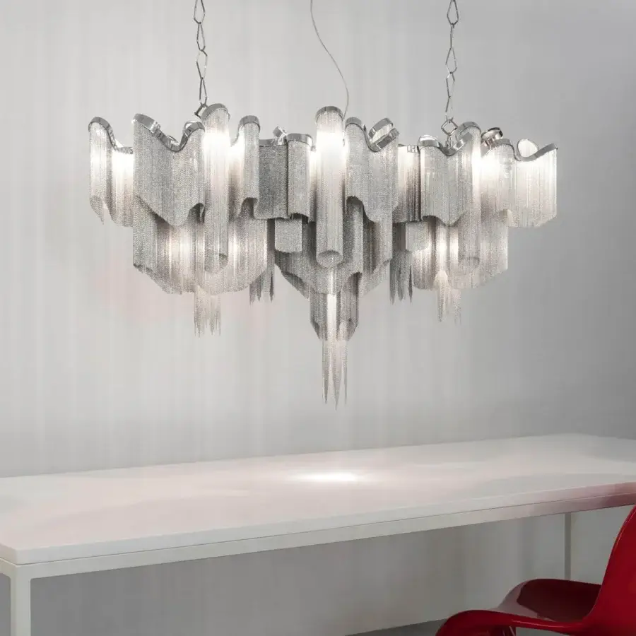 Distinguished Terzani Stream suspension lamp crafted in flowing reflective metal chains with a bright silver finish