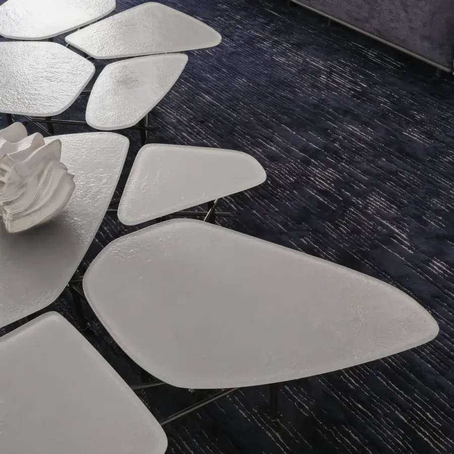 Sophisticated Giorgetti Fragmentum coffee table in matte white rear-painted glass tiles with dark stainless steel frame